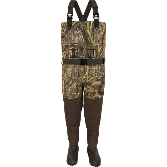 Insulated Guardian Elite Vanguard Breathable Waders - Habitat: Camouflage overalls, shorts, bag, boots, and more for cold conditions. Waterproof, windproof, and breathable with LokDown insulation and Thinsulate Buckshot Mudder boots. Keep gear in cargo pouch and zippered pocket.