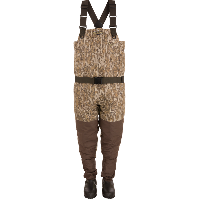 Insulated Breathable Chest Wader with Sewn-in Liner featuring durable straps, camouflage pattern, and Thinsulate boots, designed for hunting comfort and protection.
