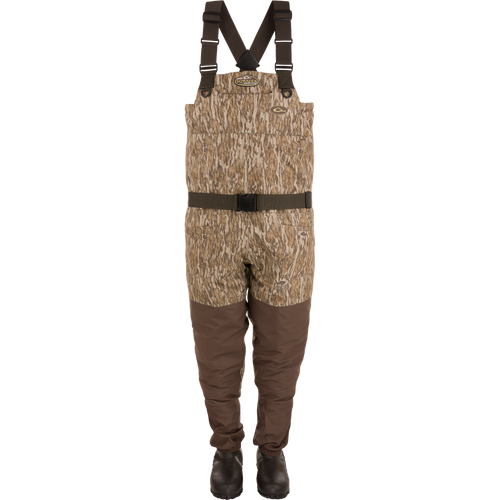 Insulated Breathable Chest Wader with Sewn-in Liner featuring durable straps, camouflage pattern, and Thinsulate boots, designed for hunting comfort and protection.