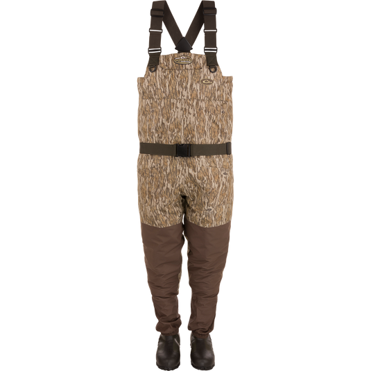 Insulated Breathable Chest Wader with Sewn-in Liner featuring durable straps, camouflage pattern, and Thinsulate boots, designed for hunting comfort and protection.
