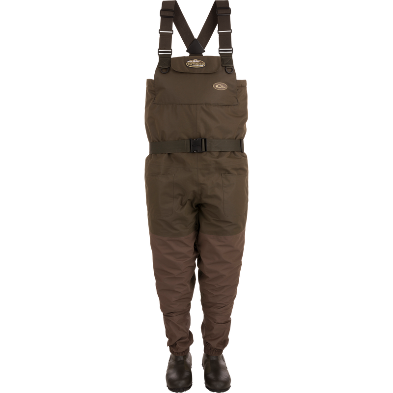 Insulated Breathable Chest Wader with Sewn-in Liner featuring no-buckle X-Crossing-Back Shoulder Straps, front cargo pouch, and reinforced seams for hunting durability and comfort.