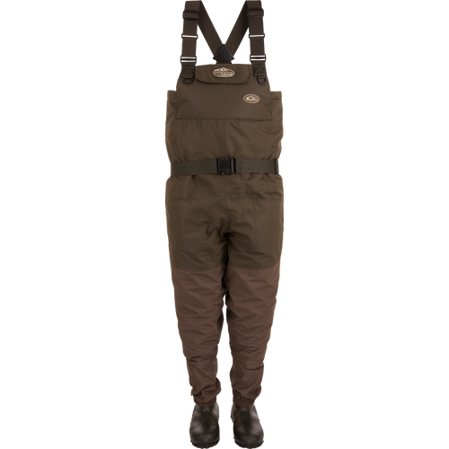Insulated Breathable Chest Wader with Sewn-in Liner featuring no-buckle X-Crossing-Back Shoulder Straps, front cargo pouch, and reinforced seams for hunting durability and comfort.
