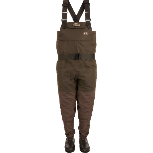 Insulated Breathable Chest Wader with Sewn-in Liner featuring no-buckle X-Crossing-Back Shoulder Straps, front cargo pouch, and reinforced seams for hunting durability and comfort.