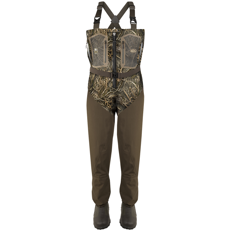 Guardian Elite Front Zip Insulated Wader with camo pattern, adjustable suspenders, zippered chest pockets, and integrated waterproof booties, ideal for hunting and fishing.