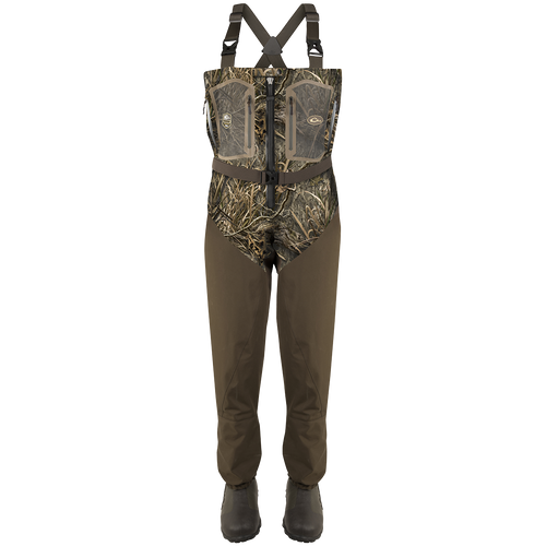 Guardian Elite Front Zip Insulated Wader with camo pattern, adjustable suspenders, zippered chest pockets, and integrated waterproof booties, ideal for hunting and fishing.