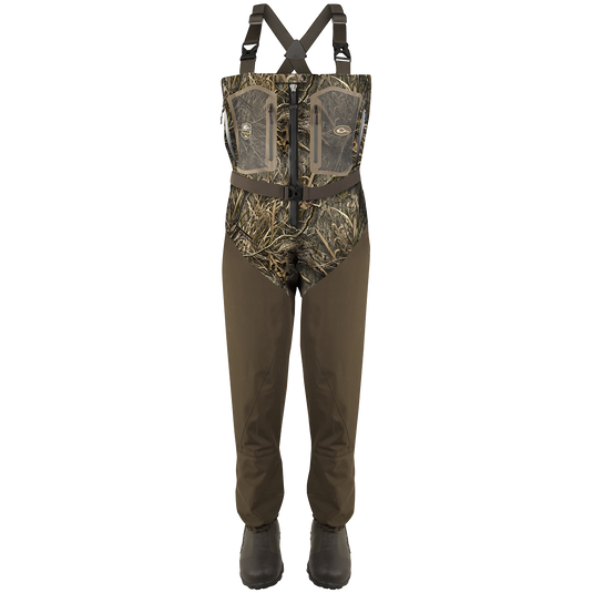 Guardian Elite Front Zip Insulated Wader with camo pattern, adjustable suspenders, zippered chest pockets, and integrated waterproof booties, ideal for hunting and fishing.