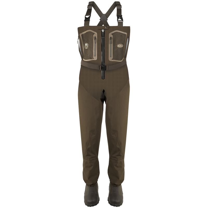Guardian Elite Front Zip Insulated Wader with sewn-in liner, featuring durable TIZIP® MasterSeal 10 zipper, reinforced seams, and Thinsulate Buckshot Mudder Boots. Ideal for hunting and fishing.