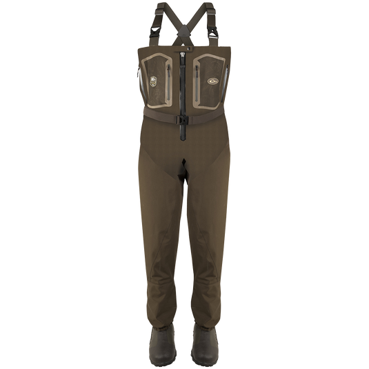 Guardian Elite Front Zip Insulated Wader with sewn-in liner, featuring durable TIZIP® MasterSeal 10 zipper, reinforced seams, and Thinsulate Buckshot Mudder Boots. Ideal for hunting and fishing.