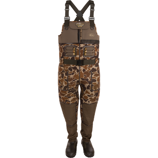 Buckshot Eqwader 1600 Neoprene Wader 3.0 with reinforced seams, Hydro-Flex knees, and Buckshot Mud boots, designed for durable waterfowl hunting.