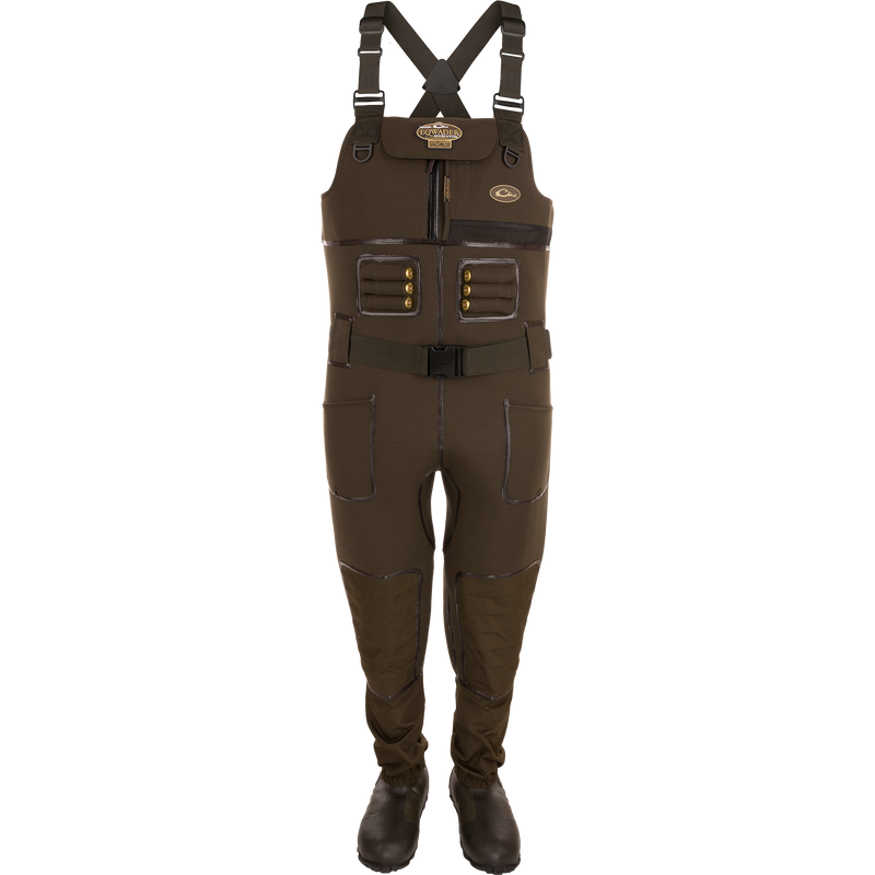 Buckshot Eqwader 1600 Neoprene Wader 3.0 with waterproof seam technology, high sides, and Hydro-Flex knee pads for superior protection and comfort in waterfowl hunting.
