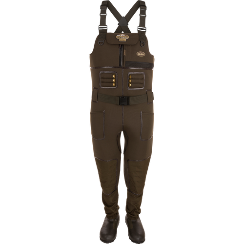Buckshot Eqwader 1600 Neoprene Wader 3.0 with waterproof seam technology, high sides, and Hydro-Flex knee pads for superior protection and comfort in waterfowl hunting.