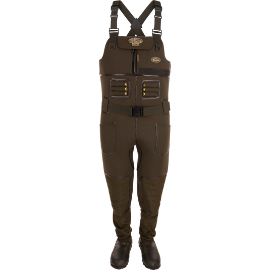 Buckshot Eqwader 1600 Neoprene Wader 3.0 with waterproof seam technology, high sides, and Hydro-Flex knee pads for superior protection and comfort in waterfowl hunting.