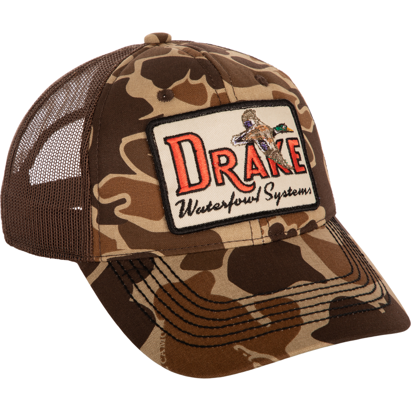 A foam front ball cap with a square patch.