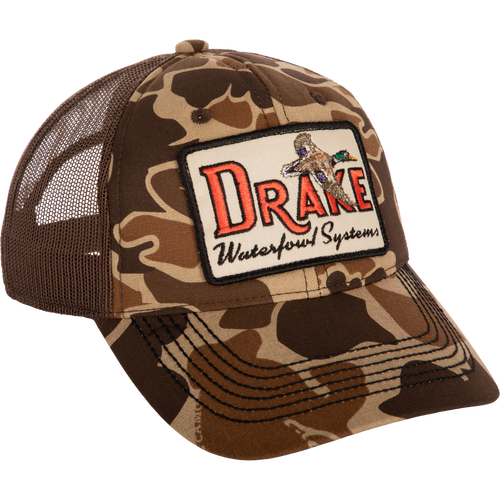 A foam front ball cap with a square patch.