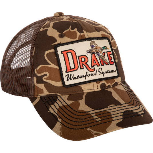 A foam front ball cap with a square patch.