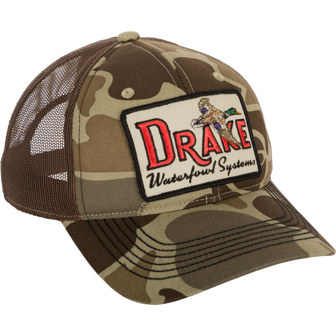 Square Patch Foam Front Ball Cap with camouflage pattern and logo. Breathable foam front and adjustable straps for a perfect fit.