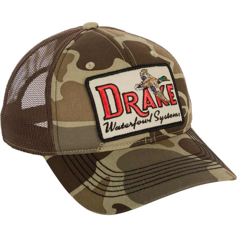 Square Patch Foam Front Ball Cap with camouflage pattern and logo. Breathable foam front and adjustable straps for a perfect fit.