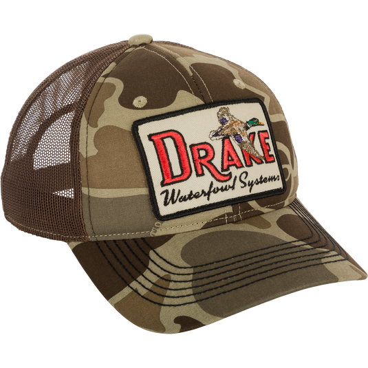 Square Patch Foam Front Ball Cap with camouflage pattern and logo. Breathable foam front and adjustable straps for a perfect fit.
