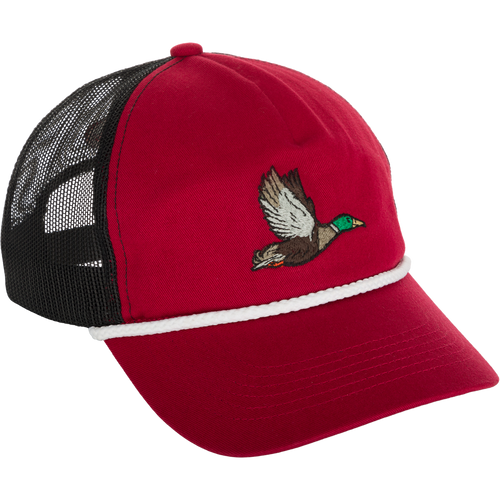Retro Duck Patch Cap featuring a colorful duck embroidery, a slight pre-curved visor with roping, and an adjustable snap back closure for a customizable fit.