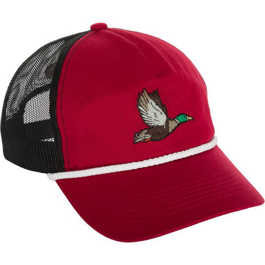 Retro Duck Patch Cap featuring a colorful duck embroidery, a slight pre-curved visor with roping, and an adjustable snap back closure for a customizable fit.