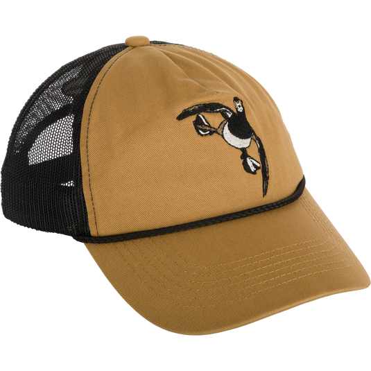 A brown and black Retro Duck Patch Cap with a cartoon duck patch and mesh back panels.
