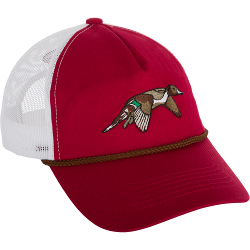 Retro Duck Patch Cap with red and white hat featuring a duck embroidery, perfect for casual occasions.