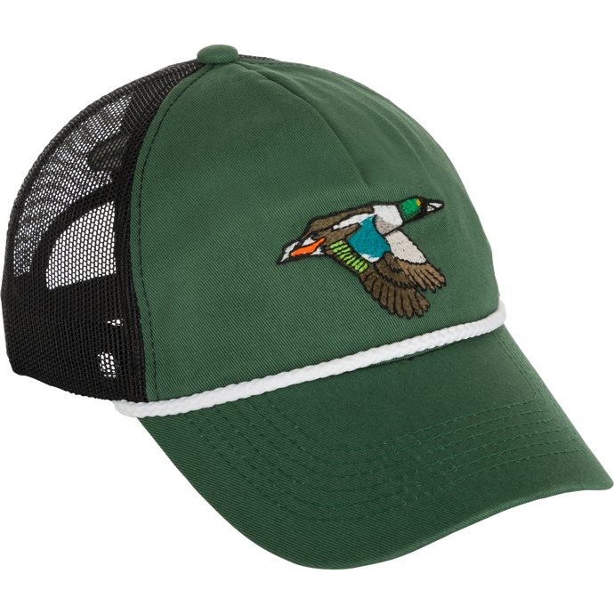 A green hat with a bird embroidery, featuring a Retro Duck Patch Cap design by Purewhitelaneshop.