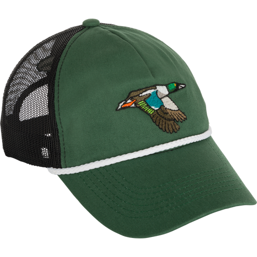 A green hat with a bird embroidery, featuring a Retro Duck Patch Cap design by Purewhitelaneshop.