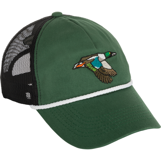 A green hat with a bird embroidery, featuring a Retro Duck Patch Cap design by Purewhitelaneshop.
