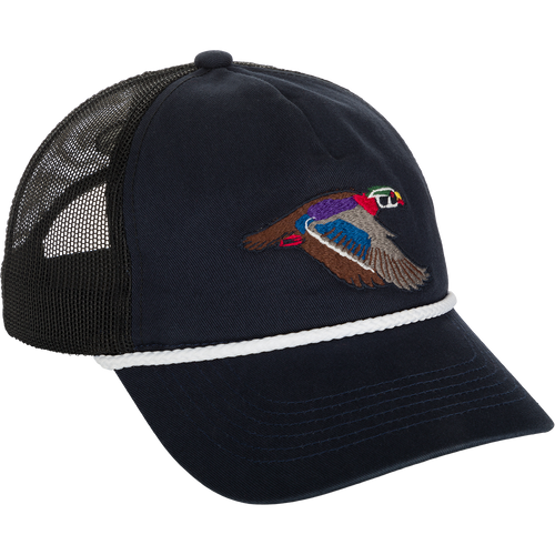 Retro Duck Patch Cap featuring colorful duck embroidery, five-panel unstructured crown, pre-curved visor with roping, and adjustable snap back closure.