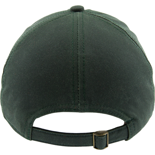 Rear view of the Box Waxed Canvas Cap, showing a six-panel design with an adjustable fabric strap and brass buckle.