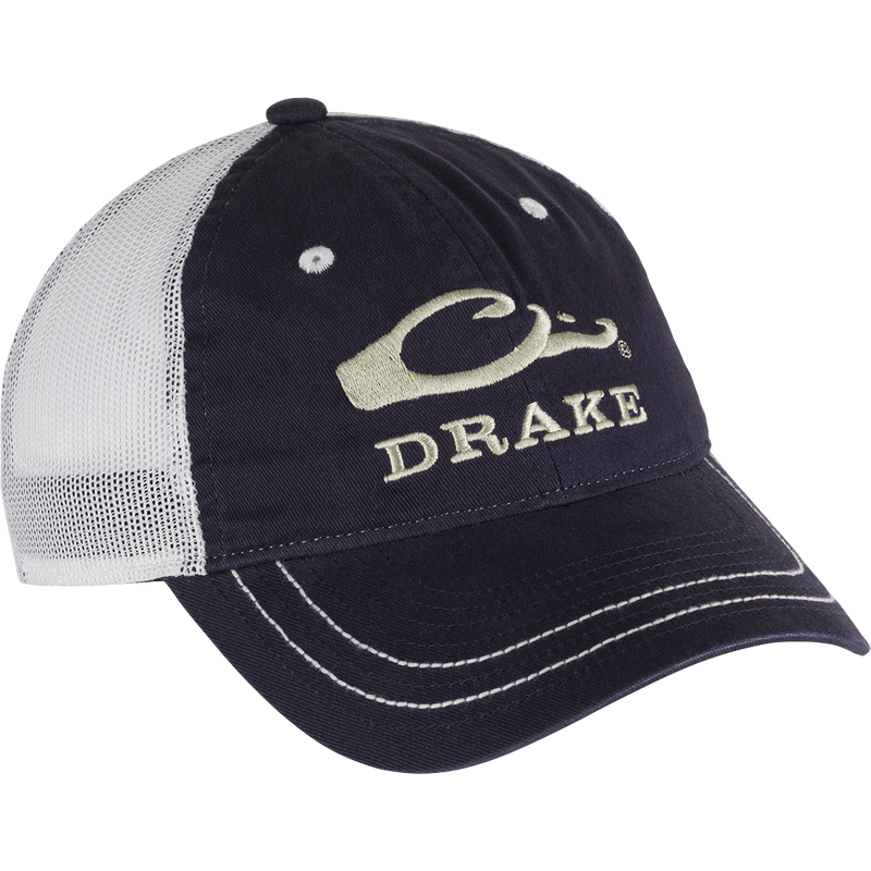 A black and white logo cap with adjustable snapback closure and mesh back. Perfect for staying covered during outdoor activities.