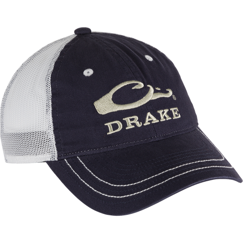 A black and white logo cap with adjustable snapback closure and mesh back. Perfect for staying covered during outdoor activities.