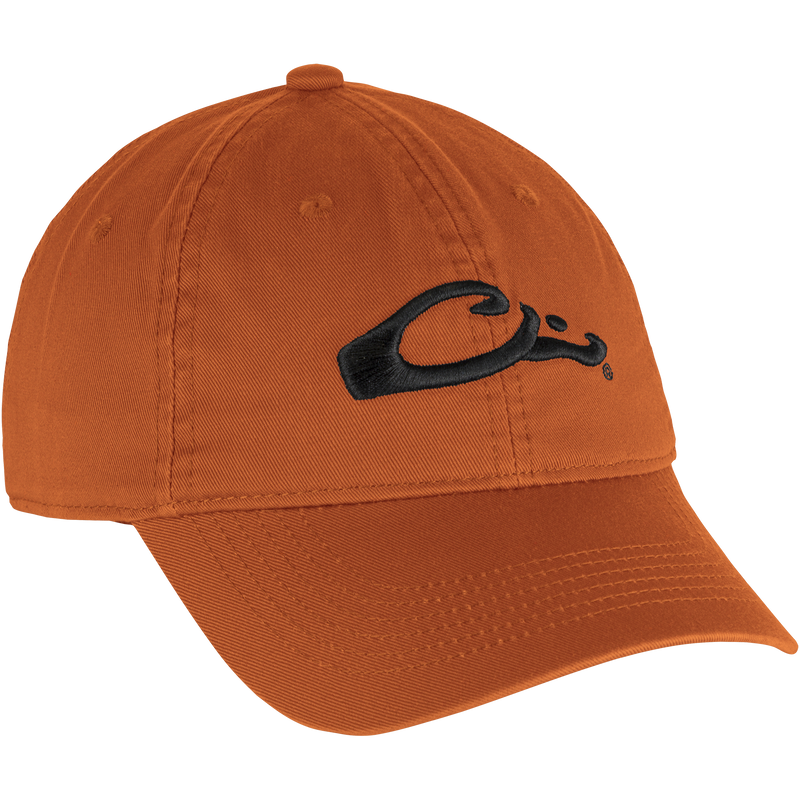 Cotton Twill Cap with black logo, features a low-profile design, brass buckle strap, and contoured bill, made from 100% cotton twill for comfort.