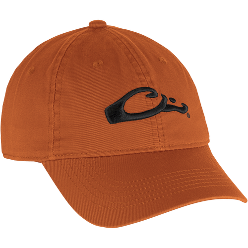 Cotton Twill Cap with black logo, features a low-profile design, brass buckle strap, and contoured bill, made from 100% cotton twill for comfort.