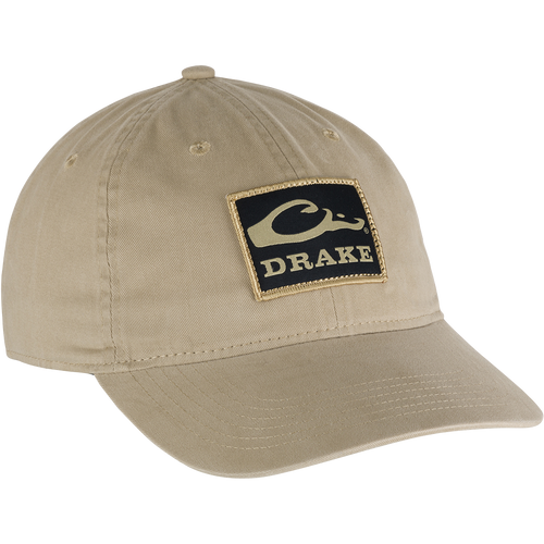 Cotton Twill Patch Cap with a low profile, contoured bill, and brass buckle back strap, made from 100% cotton twill.
