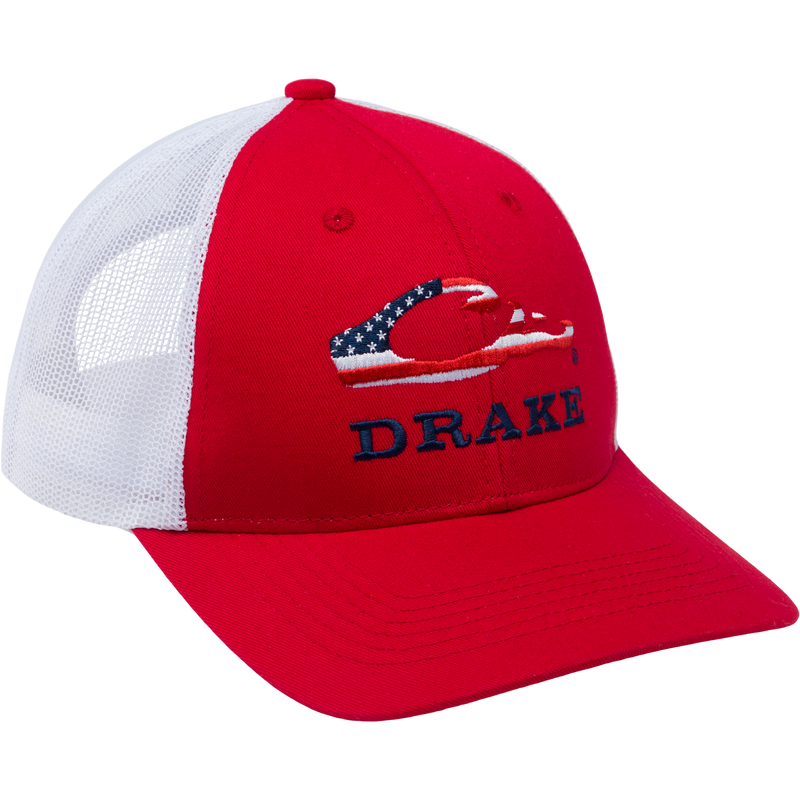 Drake Flag Logo Cap with American flag-filled Drake head logo and navy Drake text; features mesh back, structured front, and adjustable snapback closure.