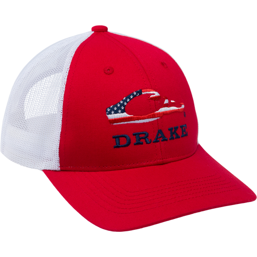 Drake Flag Logo Cap with American flag-filled Drake head logo and navy Drake text; features mesh back, structured front, and adjustable snapback closure.