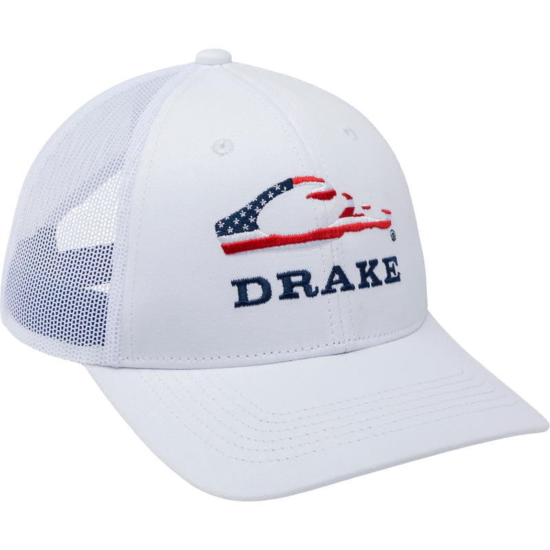 Drake Flag Logo Cap with American flag design and Drake in navy blue, featuring a mesh back, structured panels, and adjustable snapback closure.