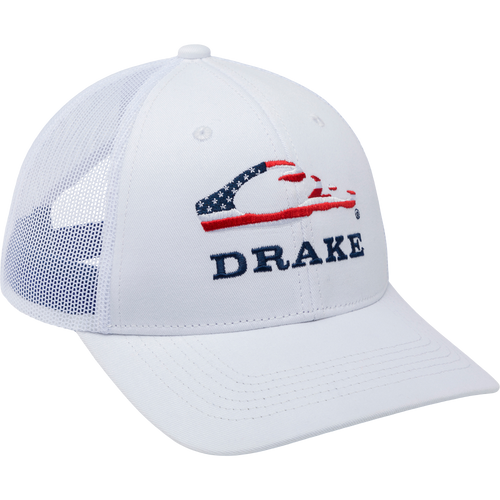 Drake Flag Logo Cap with American flag design and Drake in navy blue, featuring a mesh back, structured panels, and adjustable snapback closure.