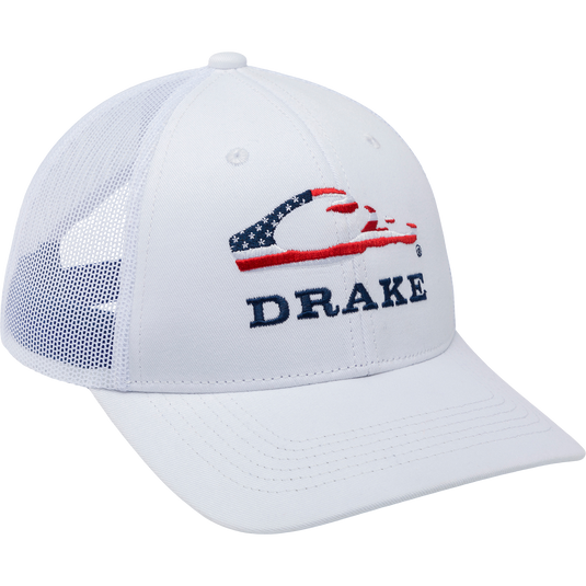 Drake Flag Logo Cap with American flag design and Drake in navy blue, featuring a mesh back, structured panels, and adjustable snapback closure.