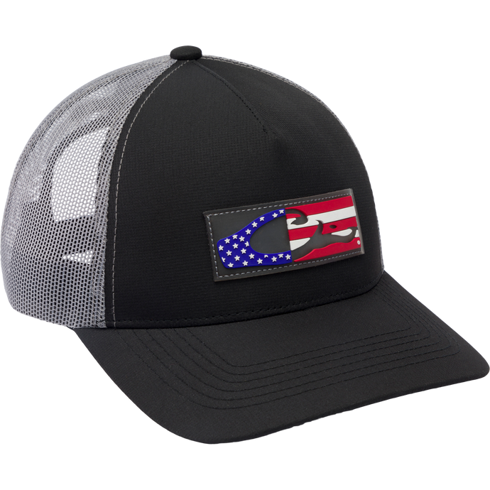 Drake Americana Flag Mesh Back Cap with mesh panels, pre-curved visor, and silicon American flag patch featuring Drake logo for performance and sun protection.