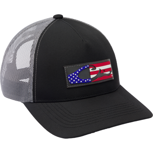 Drake Americana Flag Mesh Back Cap with mesh panels, pre-curved visor, and silicon American flag patch featuring Drake logo for performance and sun protection.