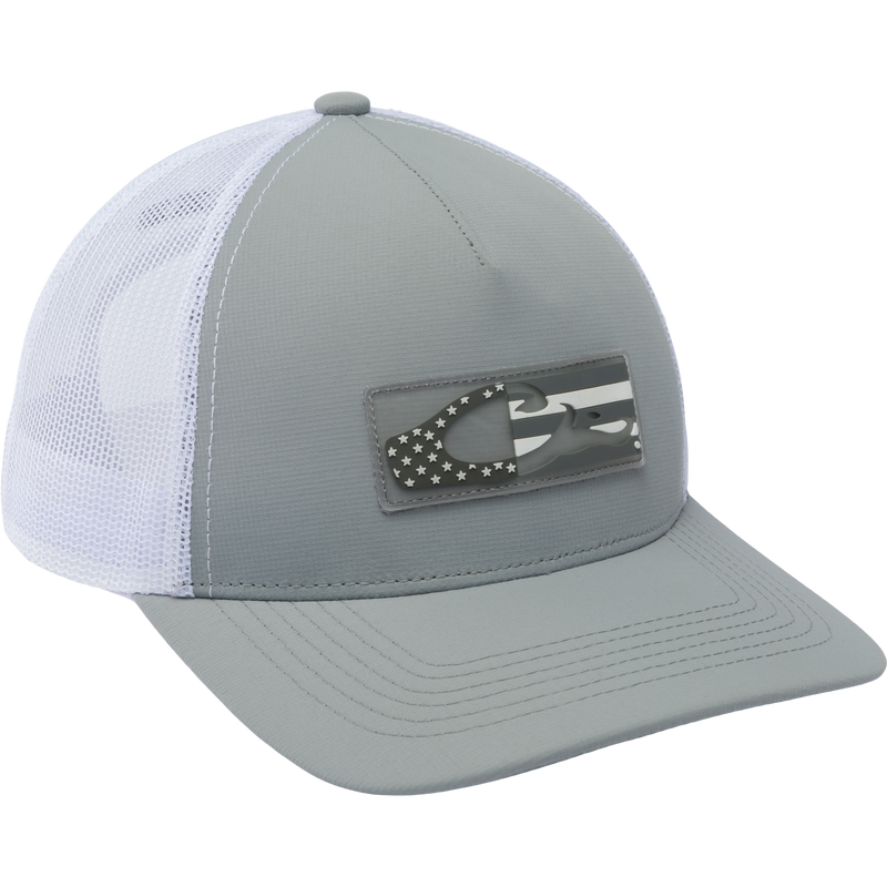 Drake Americana Flag Mesh Back Cap with a silicon American Flag and Drake logo on the front, featuring mesh panels and snap-back closure.
