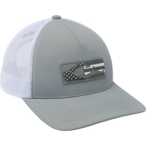 Drake Americana Flag Mesh Back Cap with a silicon American Flag and Drake logo on the front, featuring mesh panels and snap-back closure.