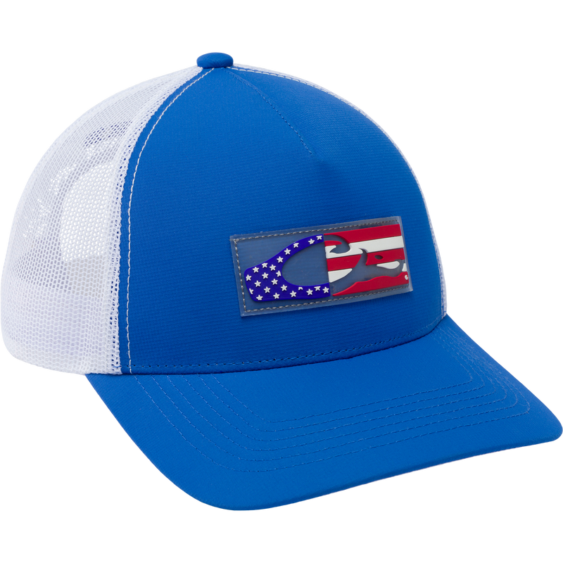 Drake Americana Flag Mesh Back Cap featuring a structured crown, mesh back for ventilation, and a silicon American Flag patch with Drake logo on the front.