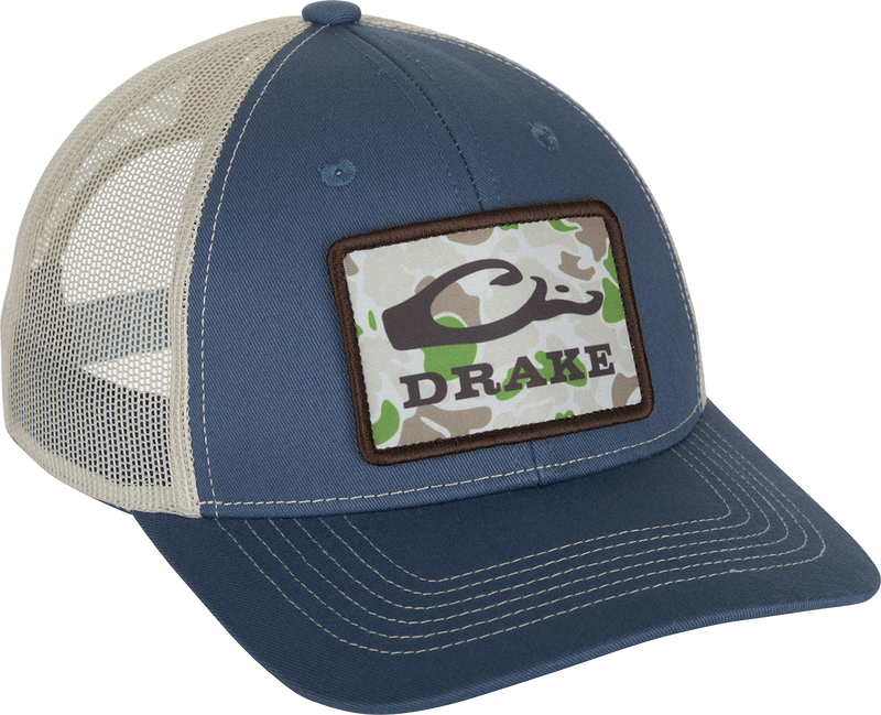 Old School Patch Mesh Back Cap with structured crown, cotton twill front, mesh back, pre-curved visor, and adjustable snap closure for stylish outdoor wear.