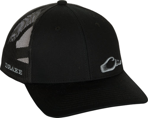 Enid Mesh Back Cap with Drake's logo on front, featuring structured panels and adjustable snapback, showcasing classic trucker style with mesh back.