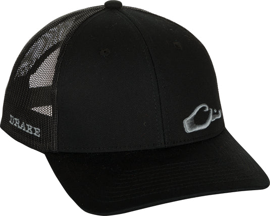 Enid Mesh Back Cap with Drake's logo on front, featuring structured panels and adjustable snapback, showcasing classic trucker style with mesh back.