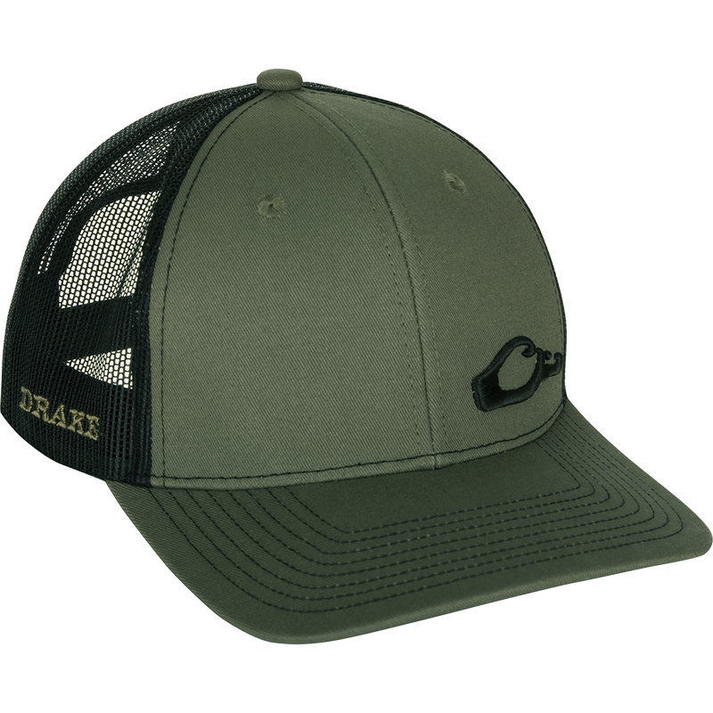 Enid Mesh Back Cap with Drake logo on front panel, featuring a structured 6-panel design and adjustable snapback, ideal for outdoor activities.